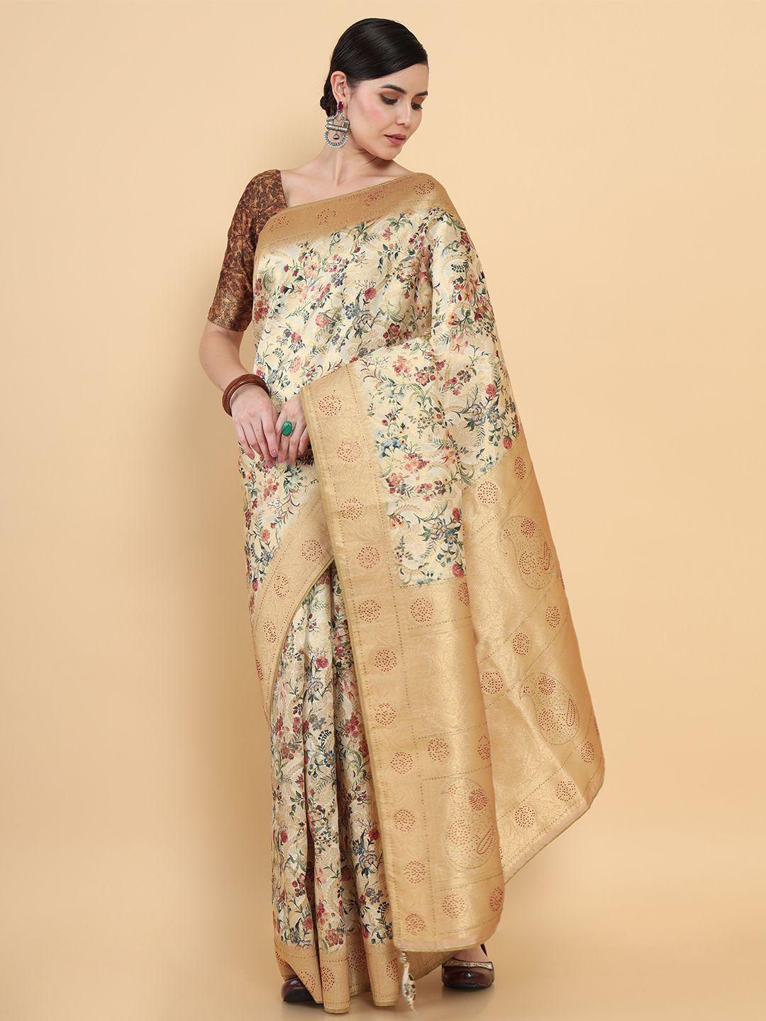 soch beige & green floral zari silk cotton saree with unstitched blouse piece