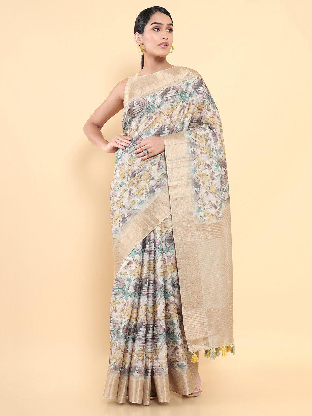 soch beige & green zari pure silk tussar saree