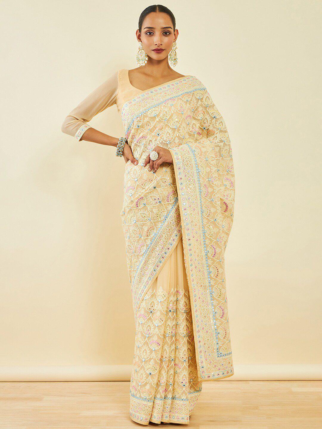 soch beige & pink ethnic motifs embroidered saree