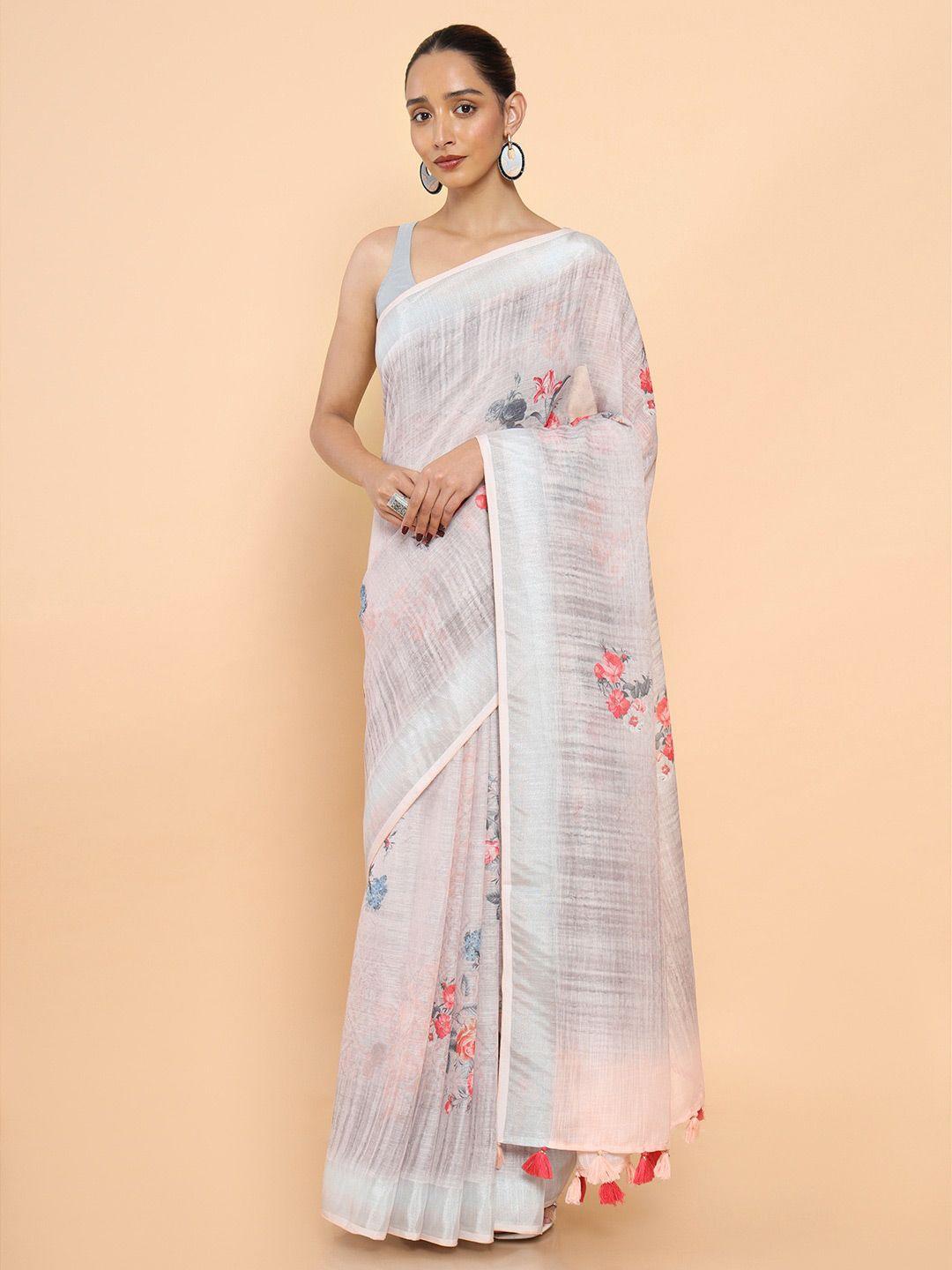 soch beige & pink floral pure linen ready to wear saree