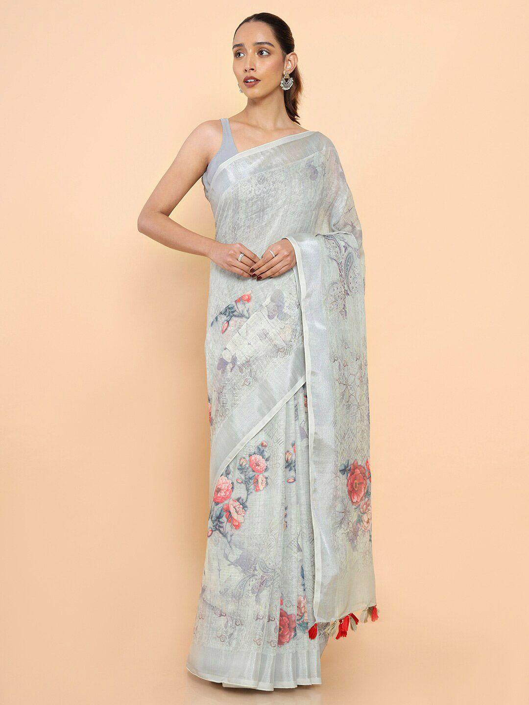 soch beige & pink floral zari pure linen saree