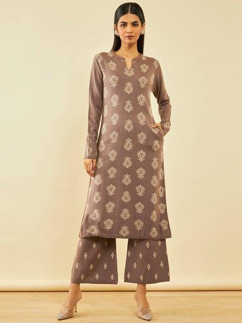 soch beige acrylic ethnic motifs pattern knitted full sleeves winter kurta set
