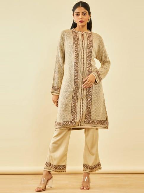 soch beige acrylic floral pattern knitted winter straight kurta set