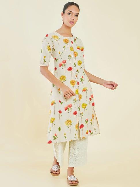 soch beige cotton floral print kurta