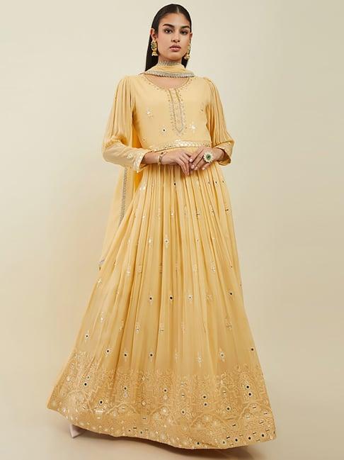 soch beige embellished gown churidar set with dupatta