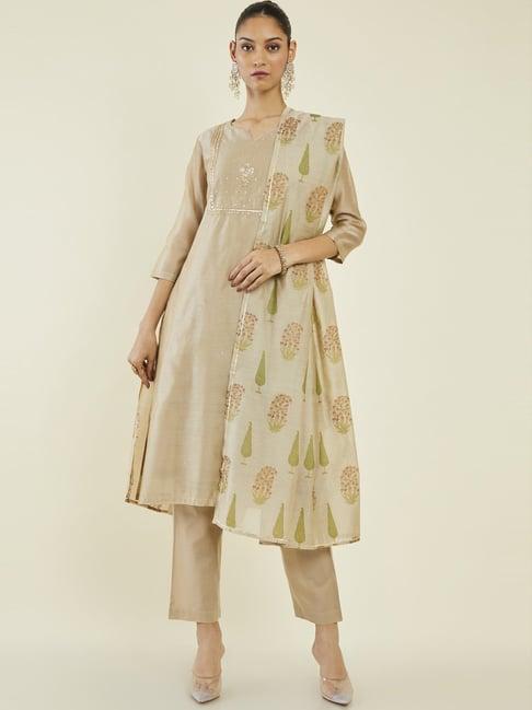 soch beige embellished kurta pant set with dupatta