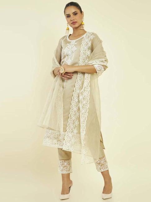 soch beige embroidered kurta & pant set with dupatta