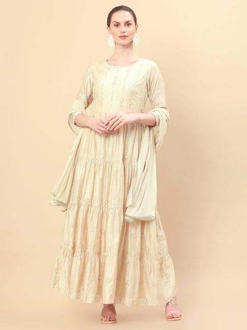 soch beige embroidered kurta churidar set with dupatta