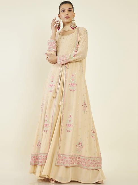 soch beige embroidered kurta pant set with dupatta