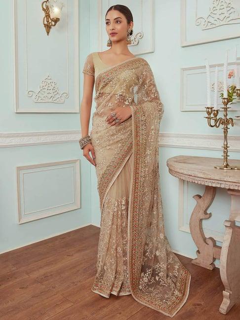 soch beige embroidered saree with unstitched blouse