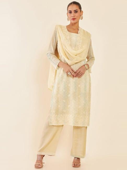 soch beige embroidered unstitched dress material