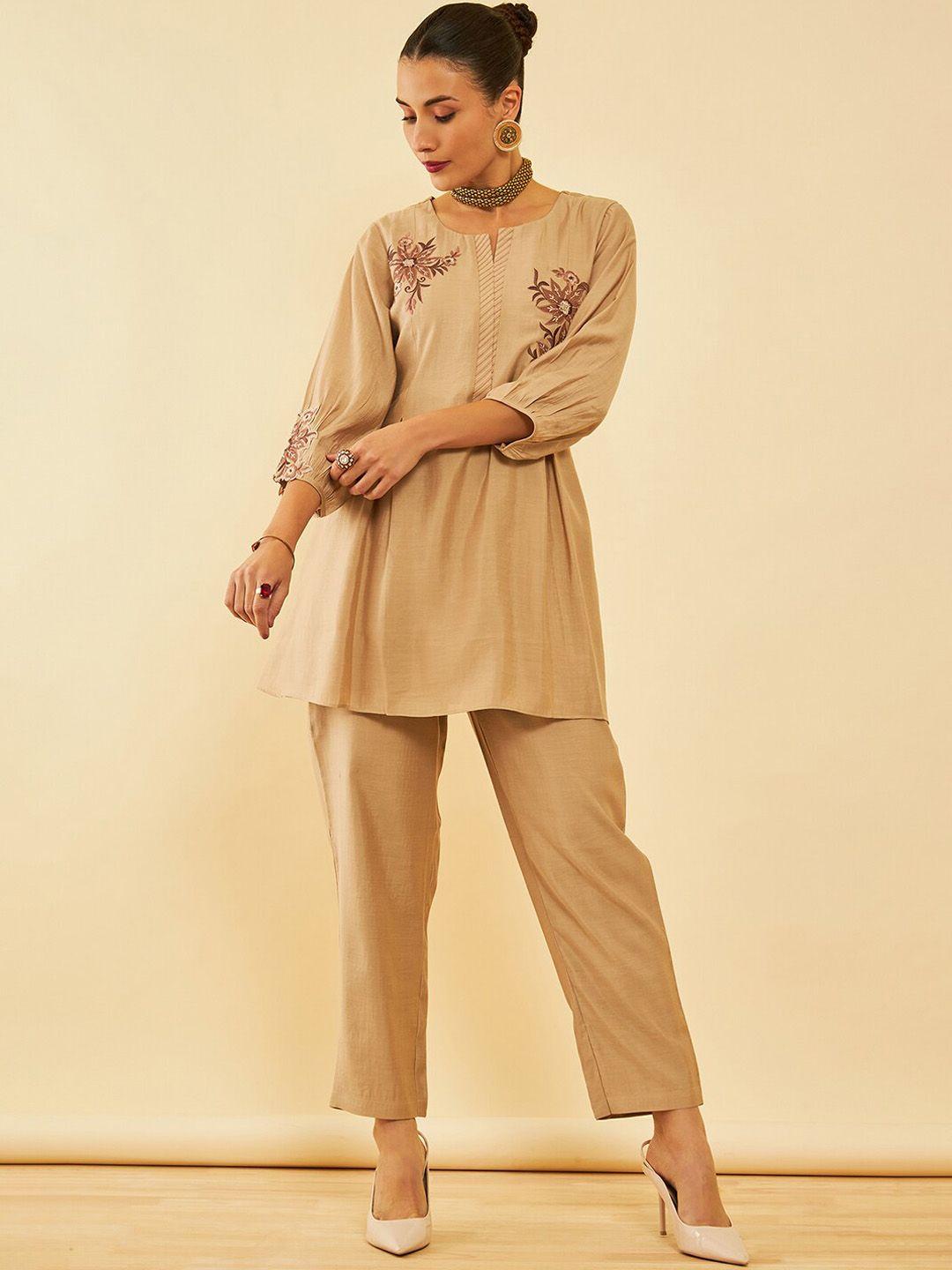 soch beige floral embroidered tunic with trousers