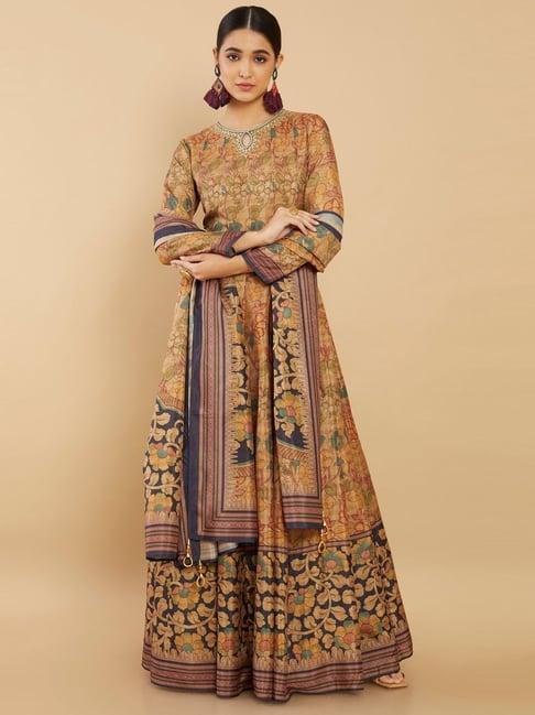 soch beige floral print kurta churidar set with dupatta