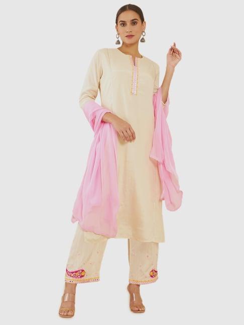 soch beige kurta palazzo set with dupatta