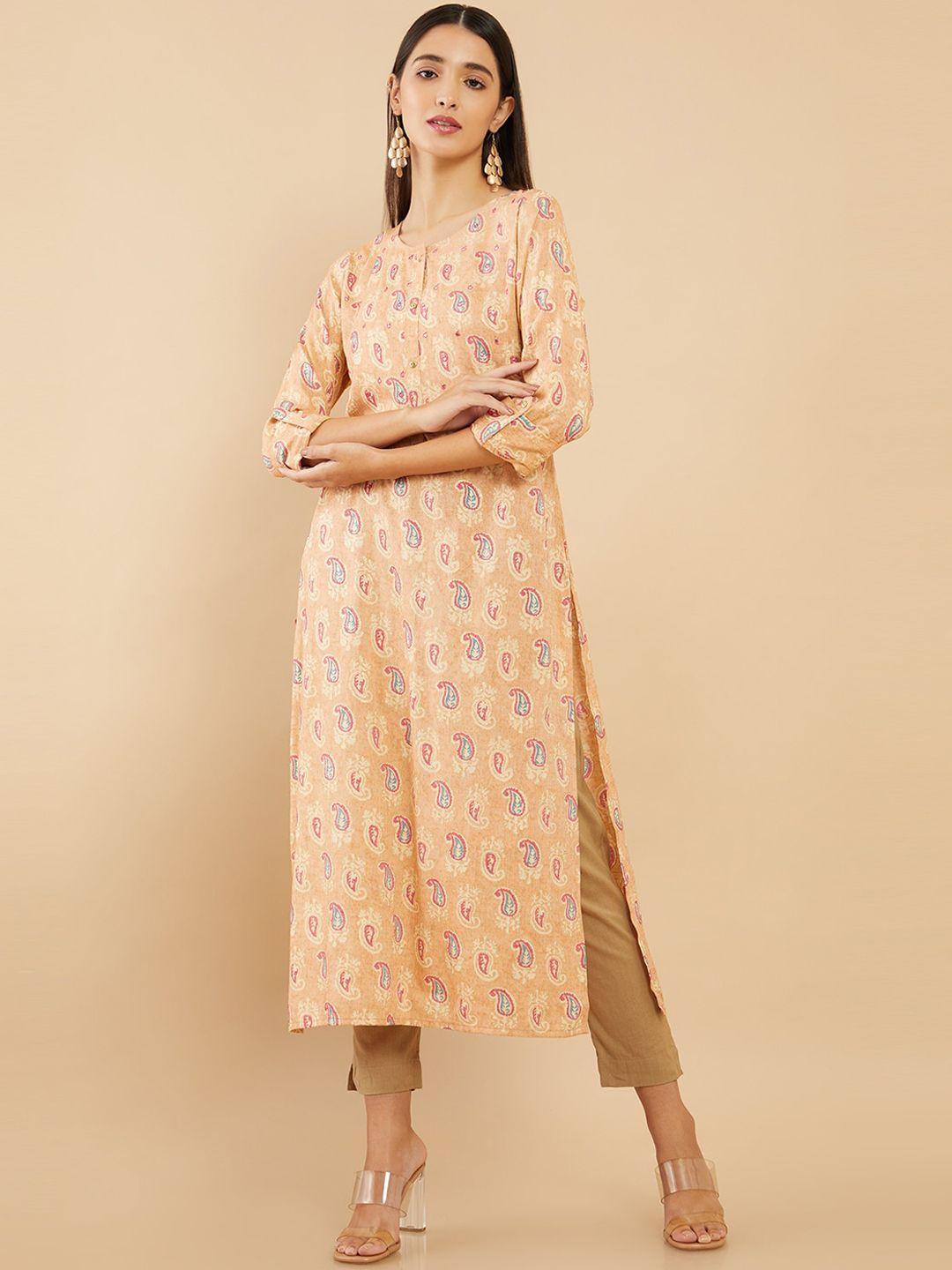 soch beige paisley printed straight rayon kurta