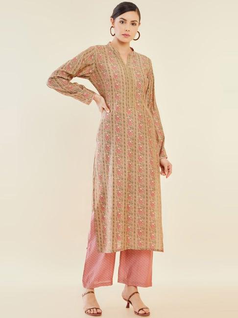 soch beige pink cotton printed kurta palazzo set