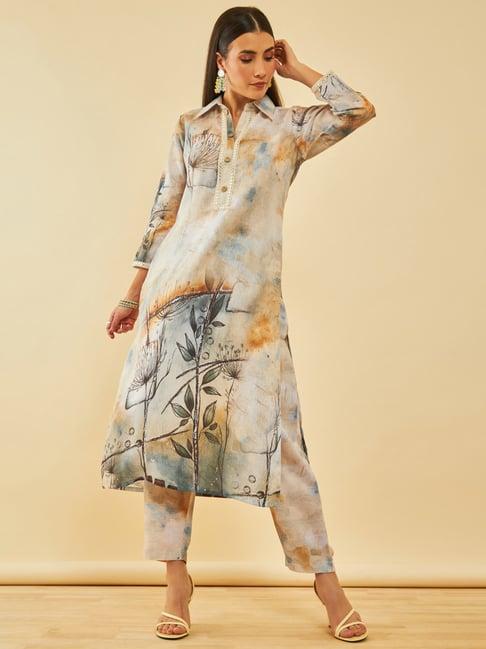 soch beige poly linen abstract print co-ord set with faux mirror