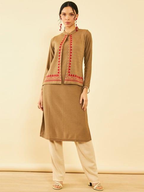 soch beige printed straight kurta with jacket