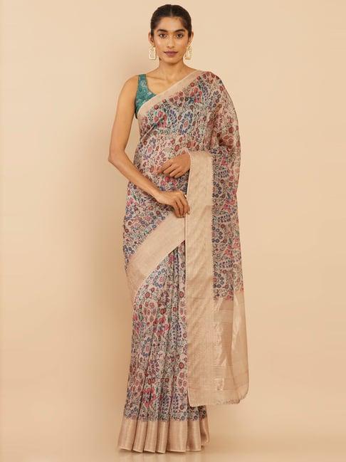 soch beige silk printed saree with unstitched blouse