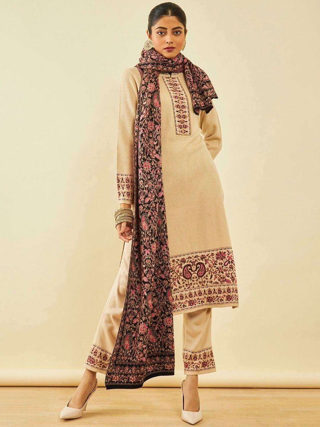 soch beige woven design regular acrylic straight kurta & trousers with shawl