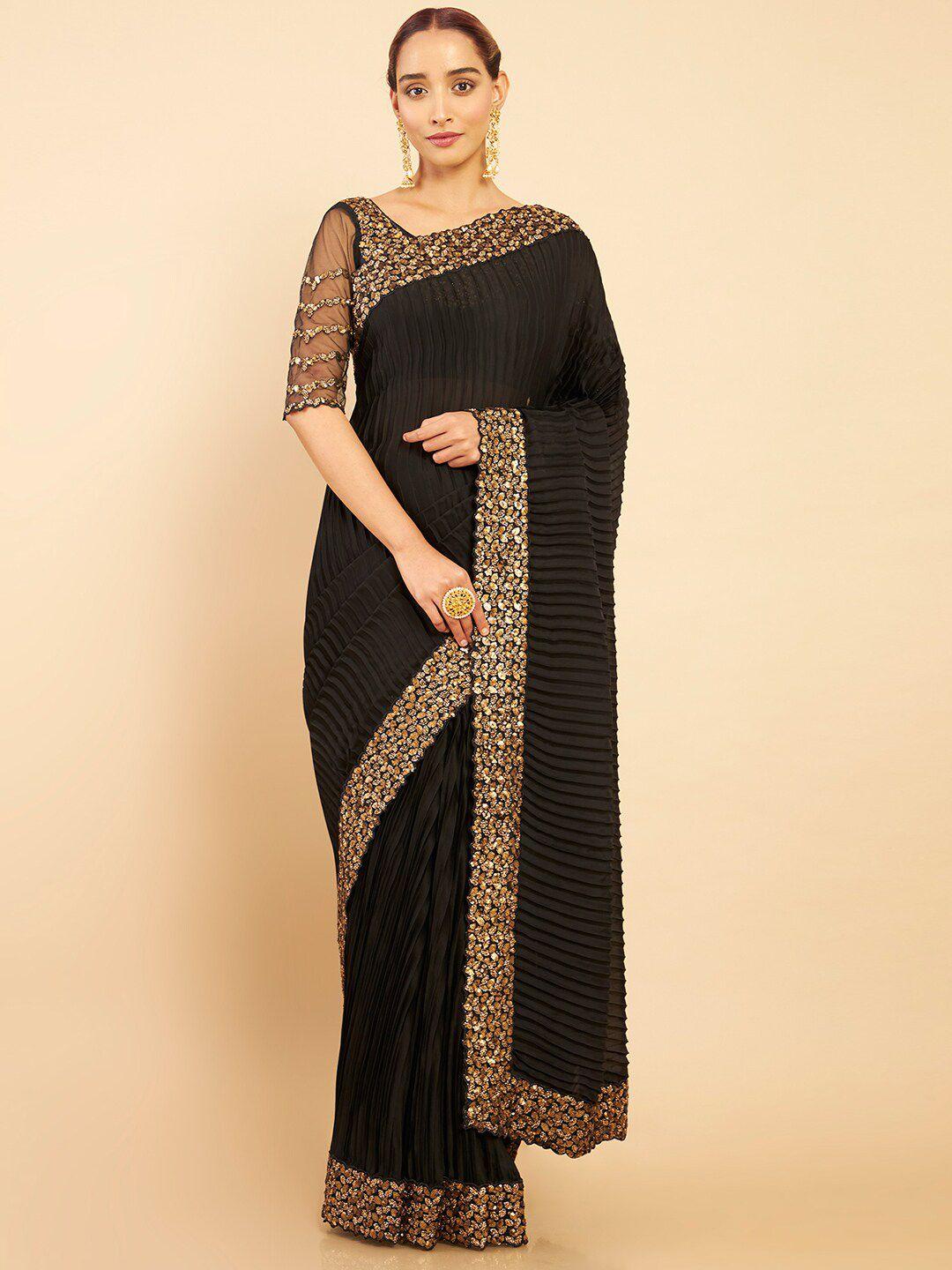 soch black & gold-toned embroidered pure crepe saree