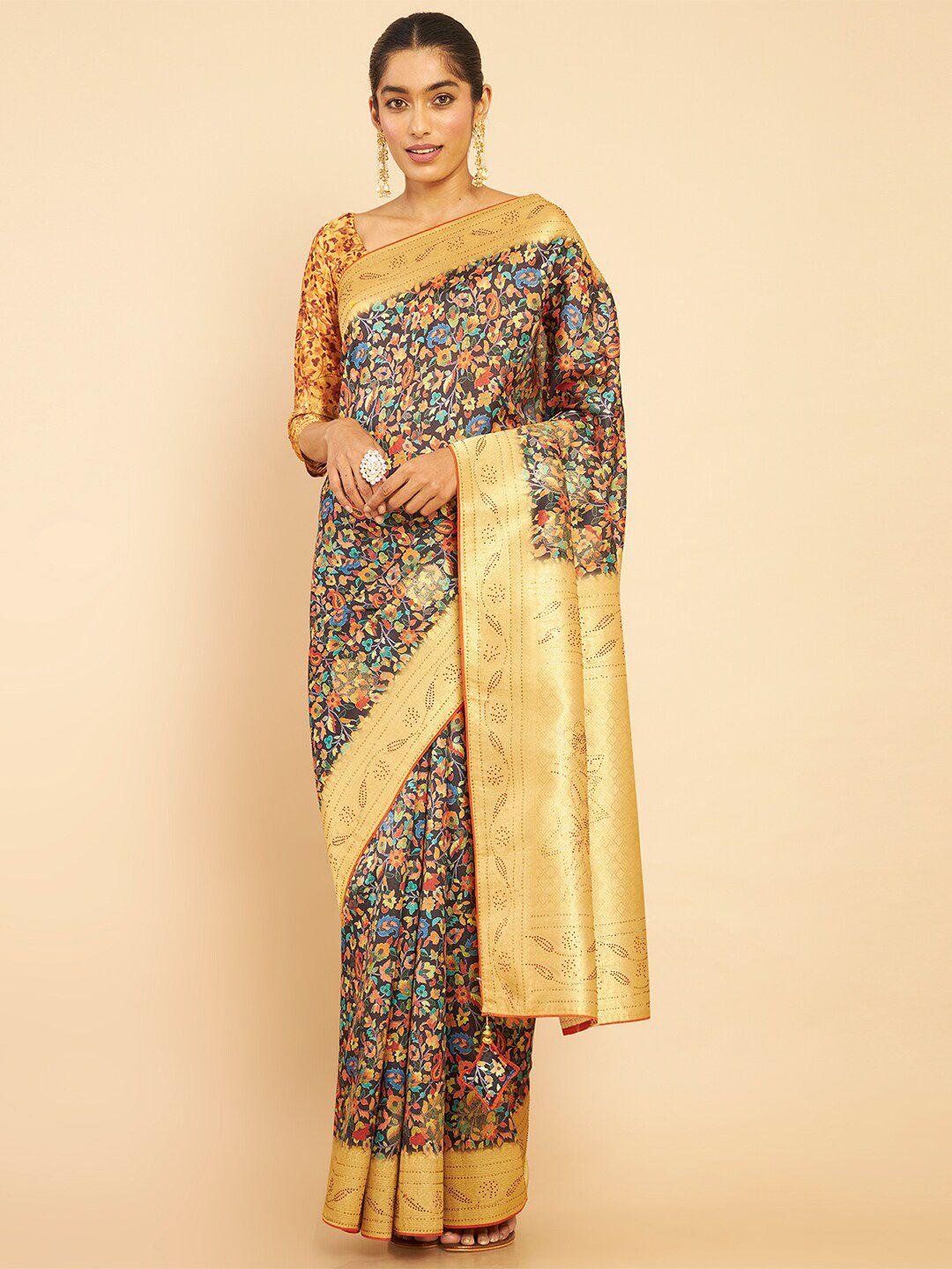 soch black & gold-toned floral silk cotton chanderi saree