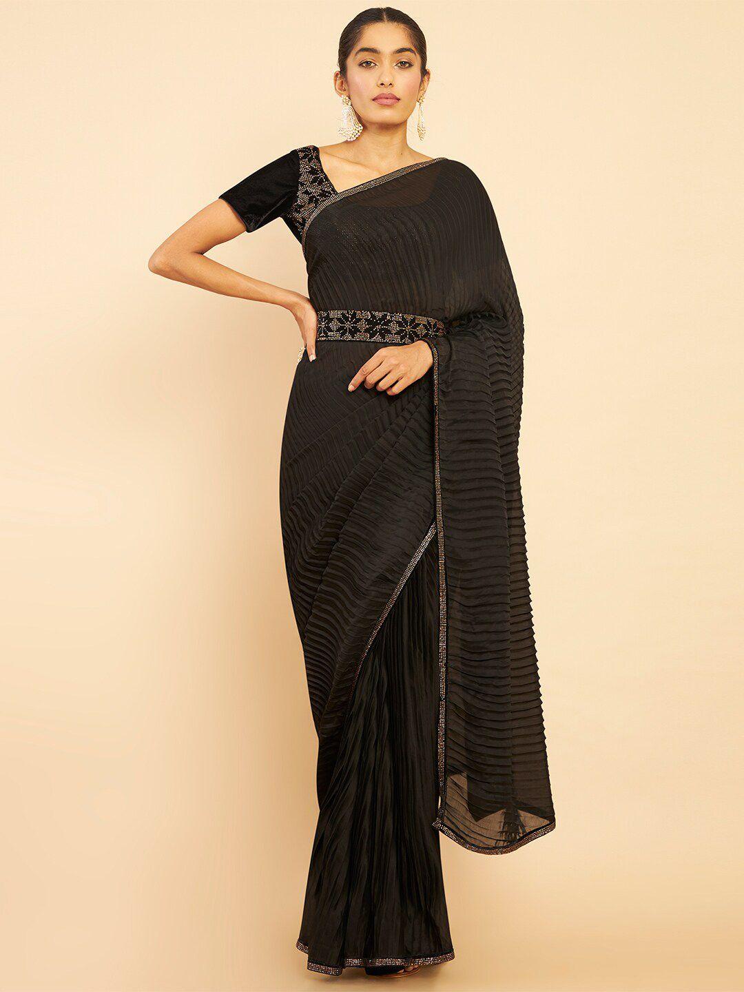 soch black & gold-toned sequinned pure crepe saree