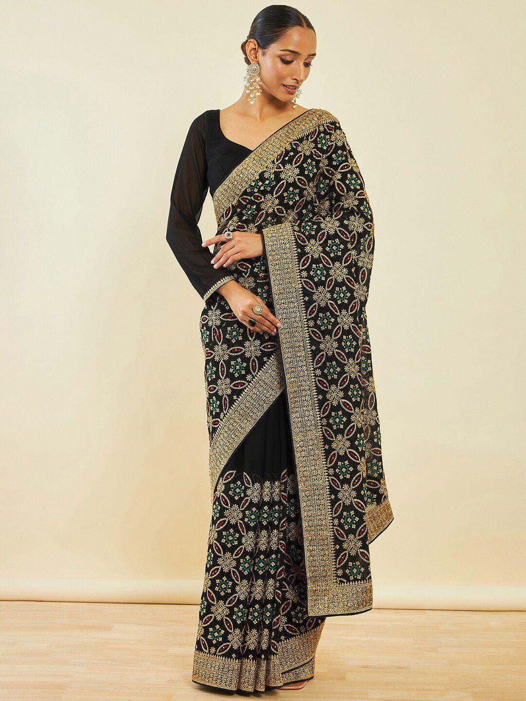 soch black & green ethnic motifs beads and stones poly georgette saree