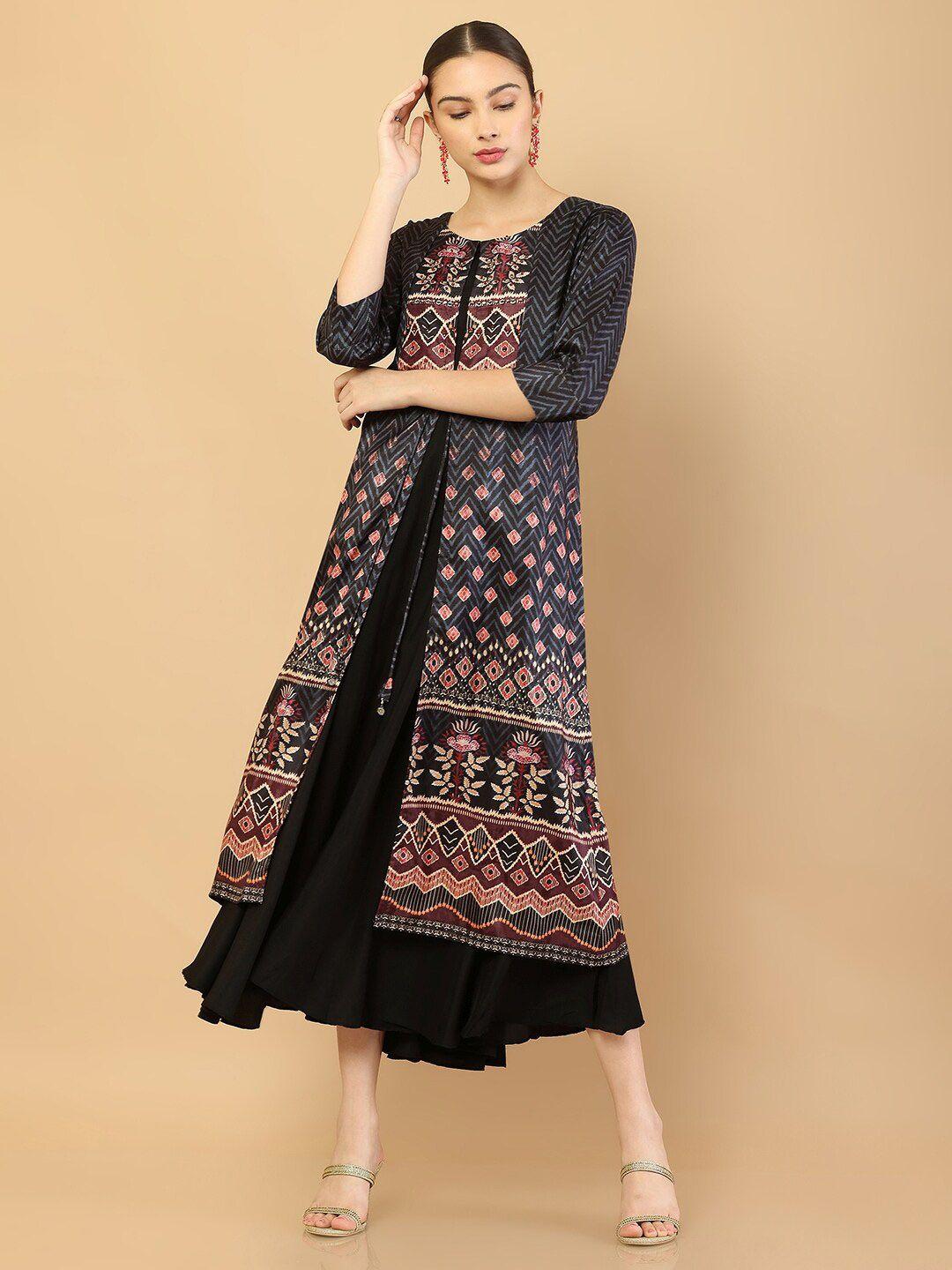soch black & pink ethnic motifs layered ethnic a-line midi dress