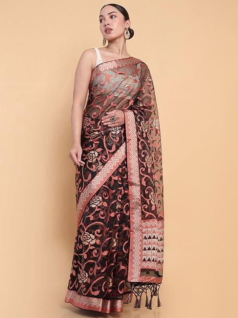 soch black & red floral print saree with unstitched blouse