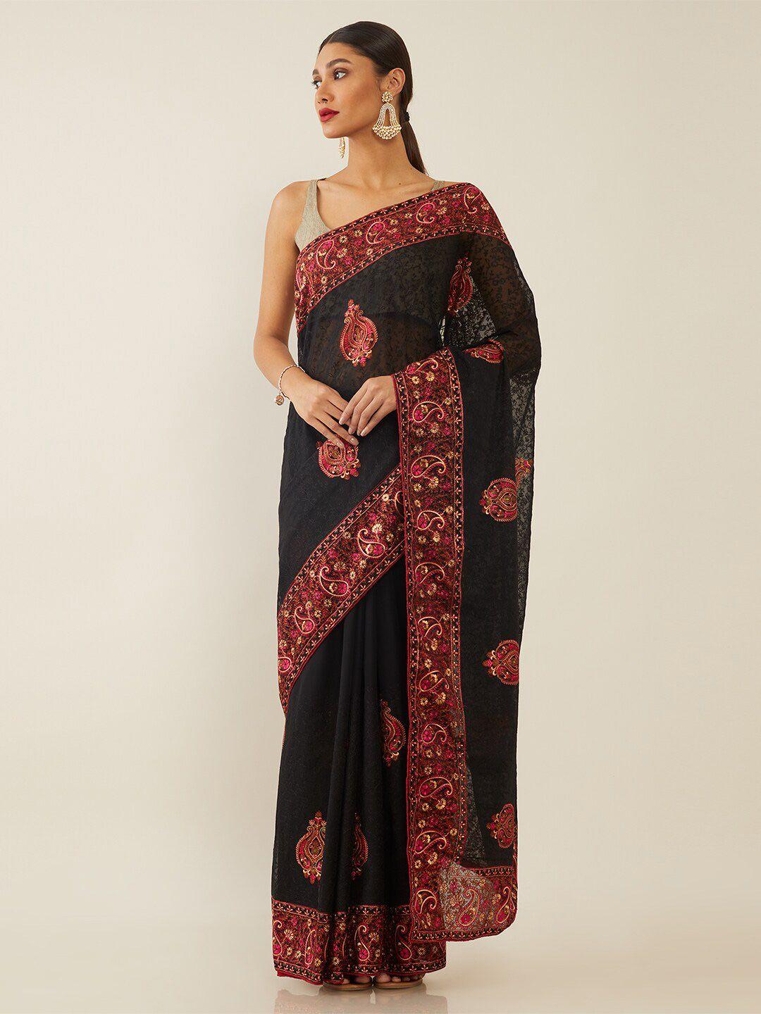 soch black & red paisley embroidered pure georgette saree