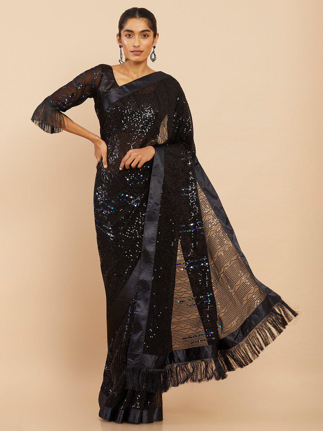 soch black & silver-toned embellished sequinned pure georgette saree