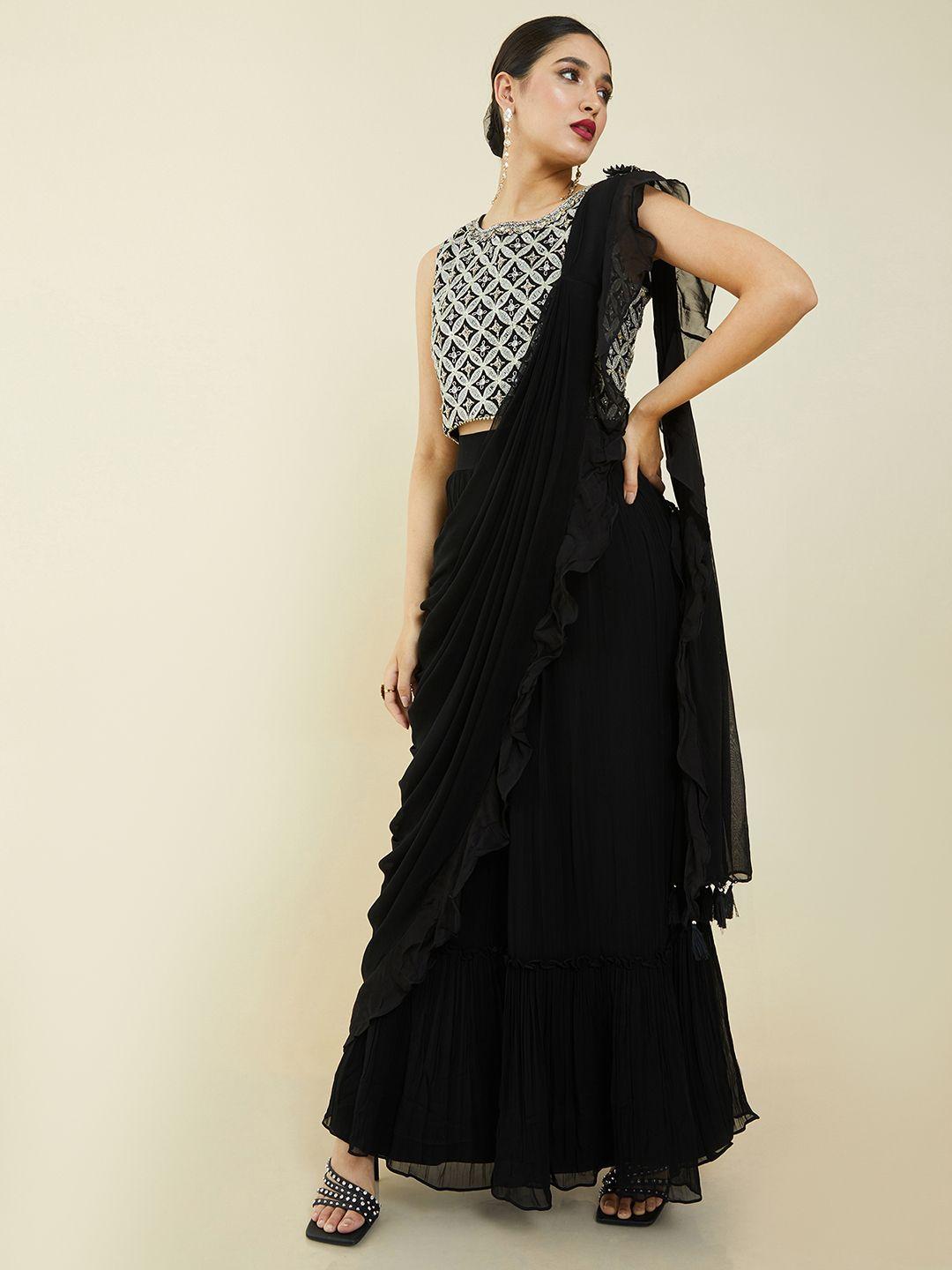 soch black & silver-toned embroidered ready to wear silk georgette lehenga with blouse