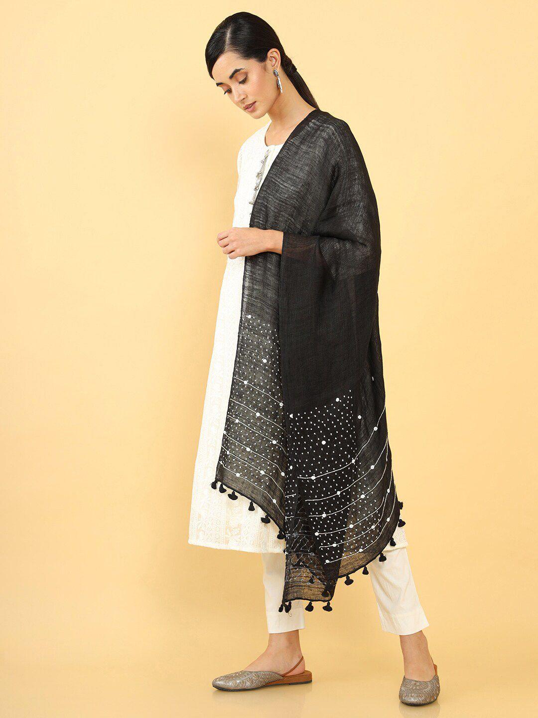 soch black & white striped linen dupatta