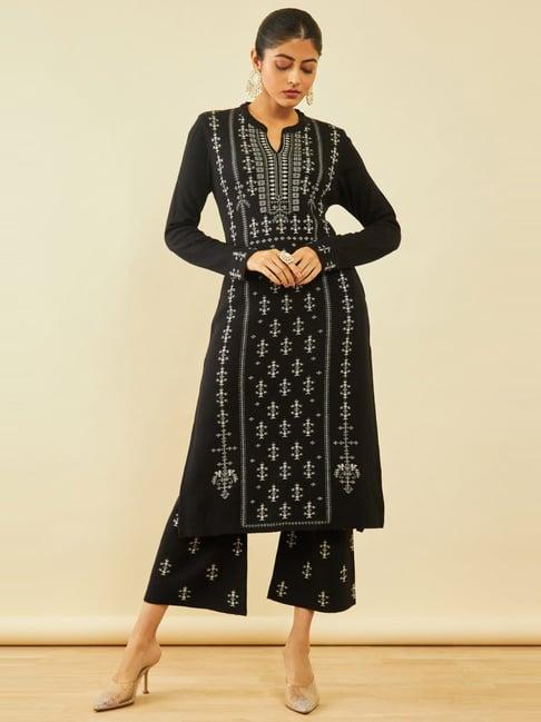 soch black acrylic ethnic motifs pattern knitted full sleeves winter kurta set