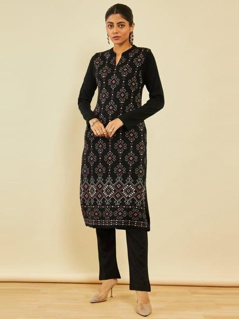 soch black acrylic ethnic motifs pattern winter straight kurta with pocket