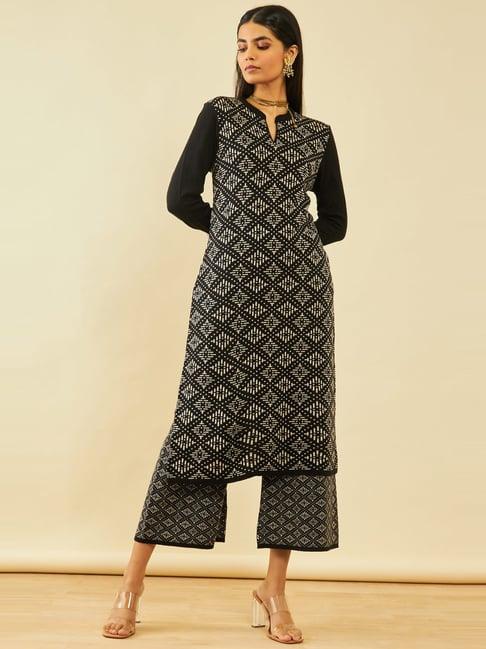 soch black acrylic geometric pattern knitted winter straight kurta set