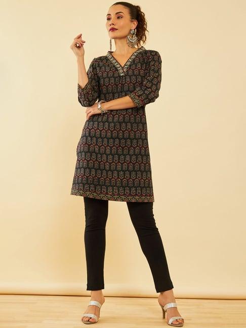 soch black cotton floral printed short kurta with zari work