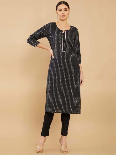 soch black cotton striped straight kurta