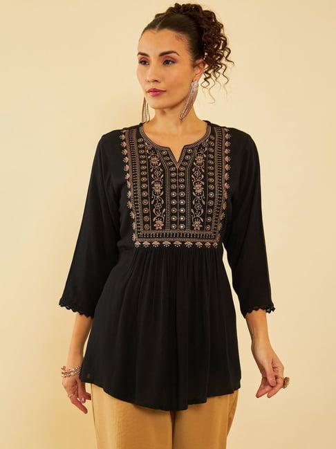 soch black crepe yoke design embroidery tunic with faux mirror