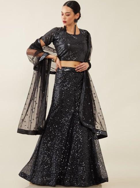 soch black embellished unstitched lehenga choli set with dupatta