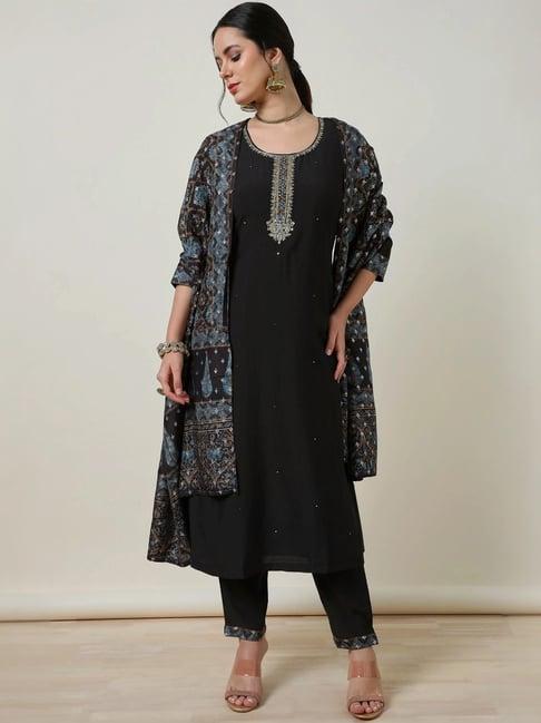 soch black embroidered kurta & pant set with dupatta