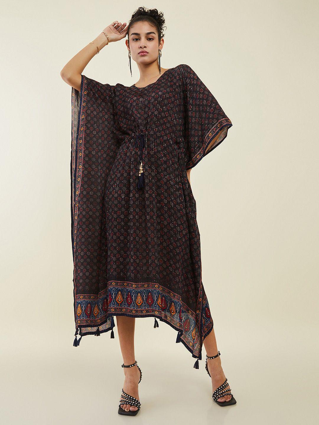 soch black ethnic motifs print kimono sleeve kaftan midi dress