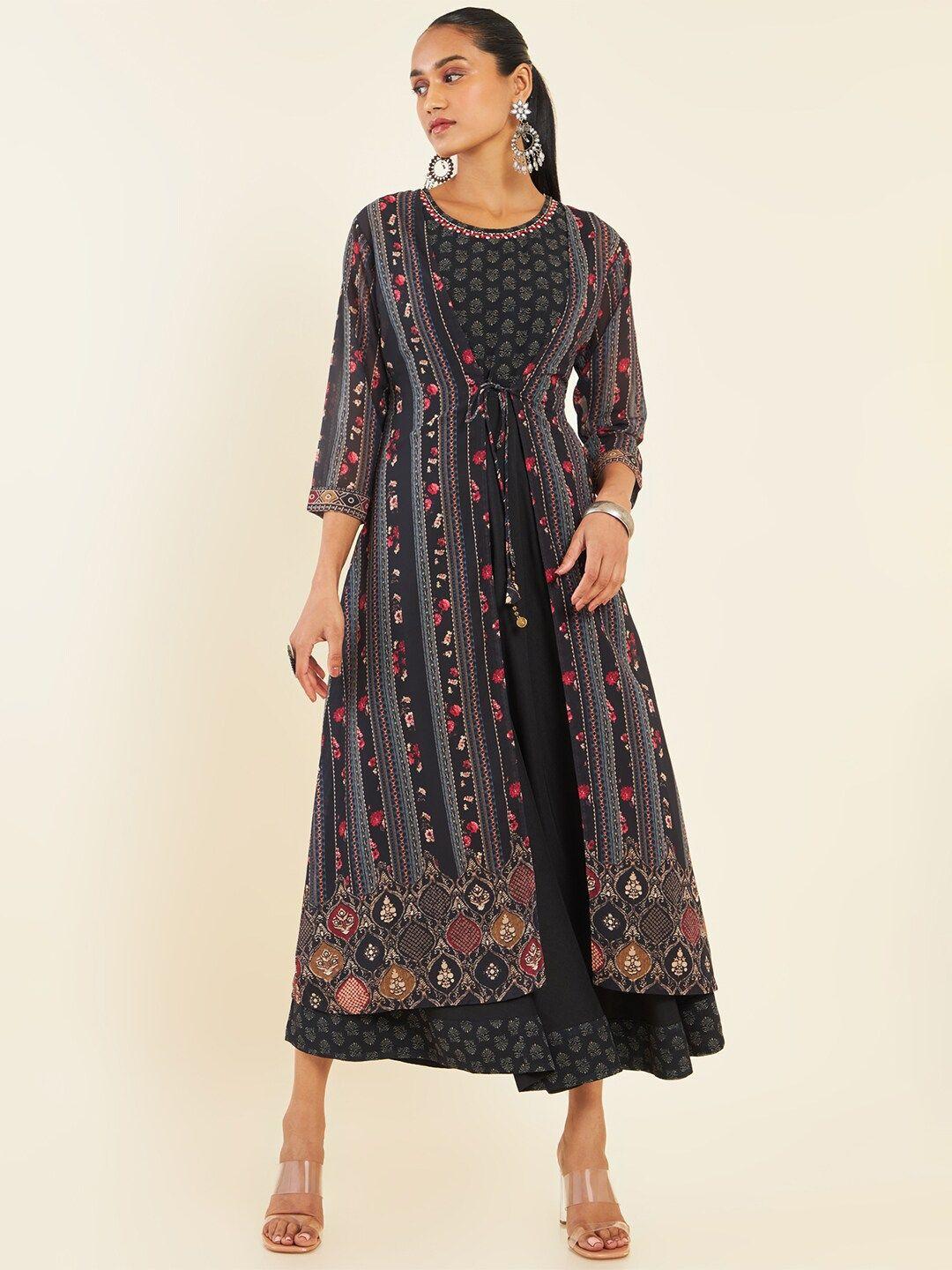 soch black ethnic printed round neck midi georgette a-line ethnic dress with shrug