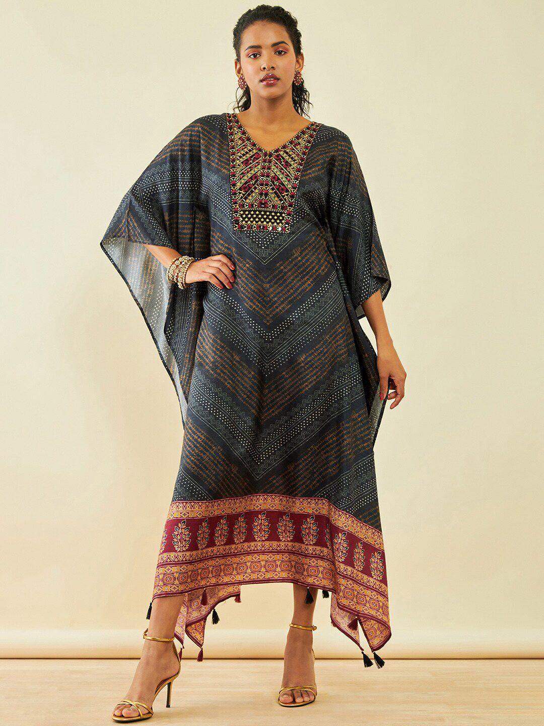 soch black ethnic printed v-neck kimono sleeves embroidered kaftan maxi ethnic dress