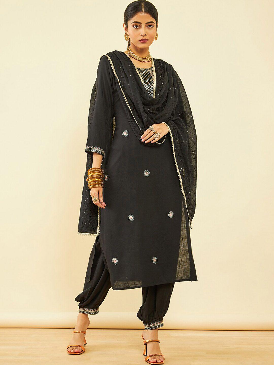 soch black floral embroidered regular sequinned straight kurta & salwar with dupatta