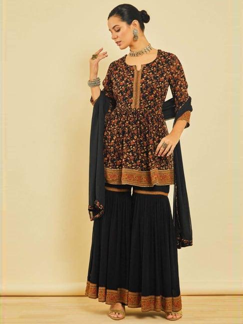 soch black floral print kurti sharara set with dupatta