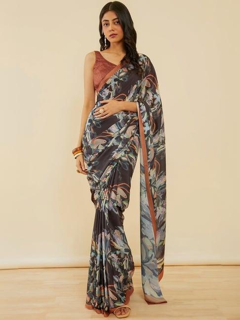 soch black floral print saree with unstitched blouse