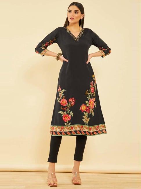 soch black floral print straight kurta