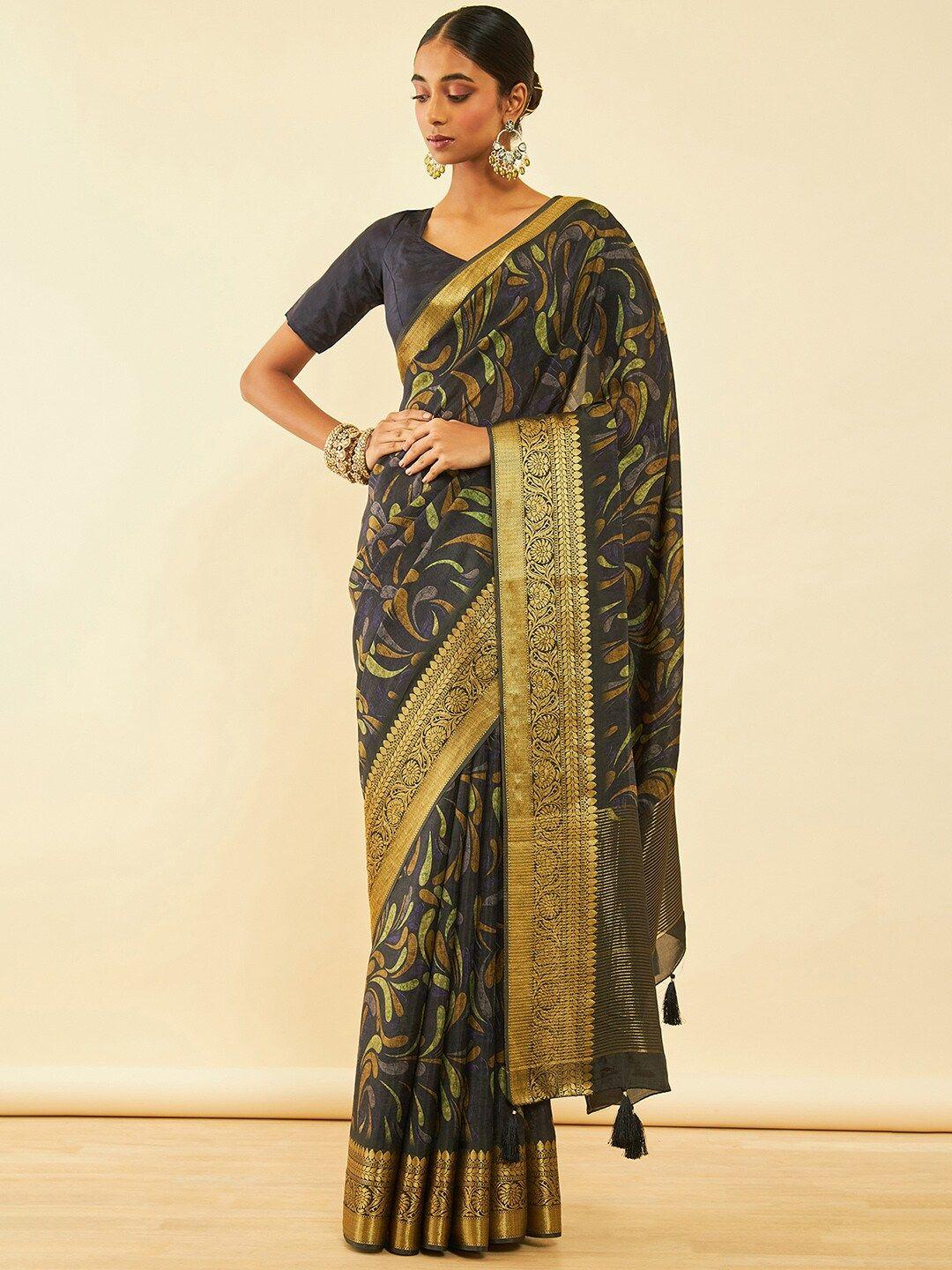 soch black floral printed zari woven design tussar saree